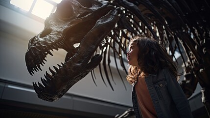 A little girl in a paleontology museum looks curiously at a large dinosaur skeleton. A child on a...