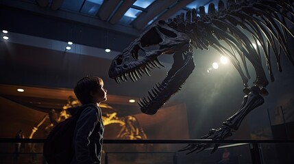 A little boy in a paleontology museum looks curiously at a large dinosaur skeleton. A child on a...