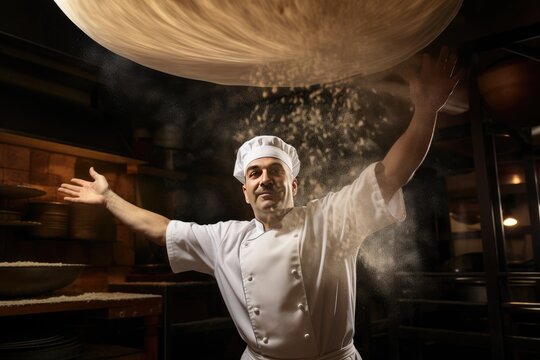 A male pizzaiola chef tosses into the air and twists round dough to make a pizza base.