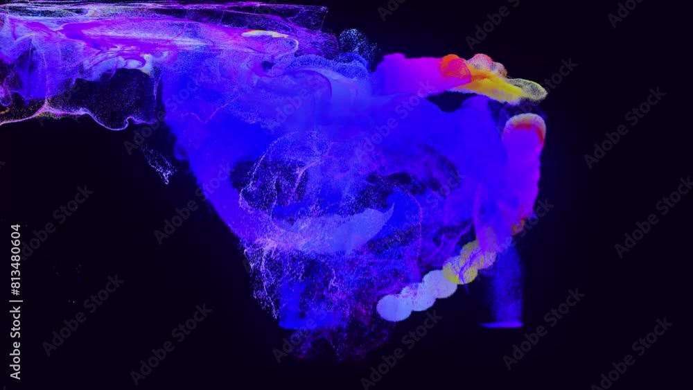 Poster glow particles spread in camera like ink effect. emitter ball emit swirl of glow particles form ligh