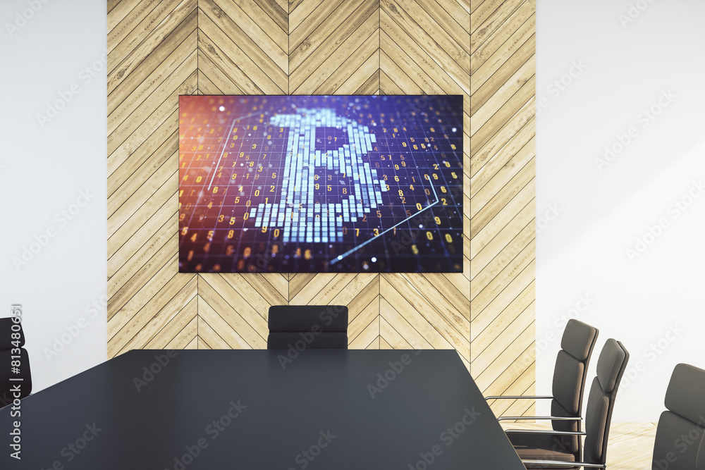 Poster Creative Bitcoin concept on tv display in a modern presentation room. 3D Rendering