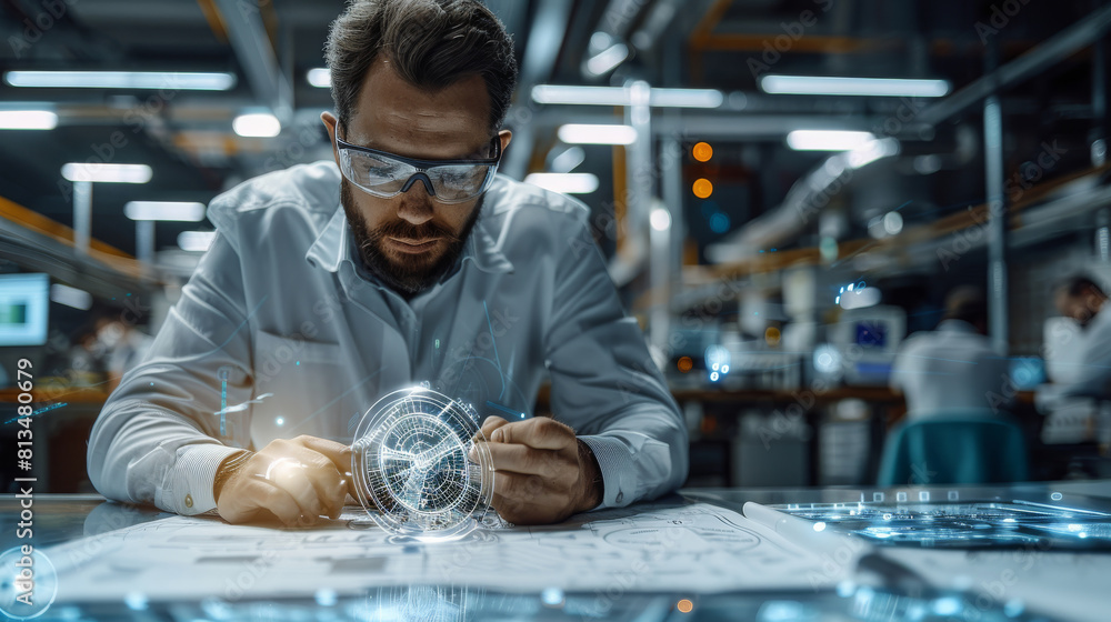 Leinwandbilder a diverse professional engineer sitting at a table with drawings, using augmented reality on a mobil