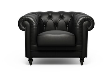 Leather armchair in black color on white background. Luxurious expensive upholstered furniture.