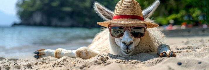 Obraz premium Llama relaxing on beach in sunglasses and hat vacation leisure concept with text space