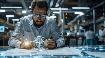 A diverse professional engineer sitting at a table with drawings, using augmented reality on a mobile device to display digital twin engineering of an HVAC system. Generative AI.