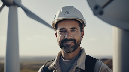 A male engineer wearing a white protective work helmet in front of many wind turbine blades at a power plant.