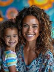 Fototapeta premium Tutoring children in primary school, girl smiling happily while drawing with help of teacher,Joyful Girl Creating Art: Colorful 4K Wallpaper