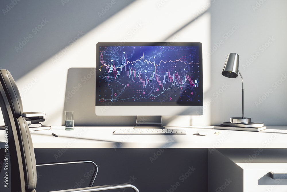Poster abstract creative financial graph on modern laptop screen, forex and investment concept. 3d renderin