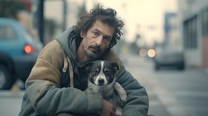 A homeless man in old dirty clothes sits on the ground hugging a dog. The expression of longing and hopelessness on the face of the beggar man and the animal. - Powered by Adobe