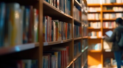 Close-up shot of a shelf of books in a library or secondhand bookstore. Rows of various folios, printed publications.