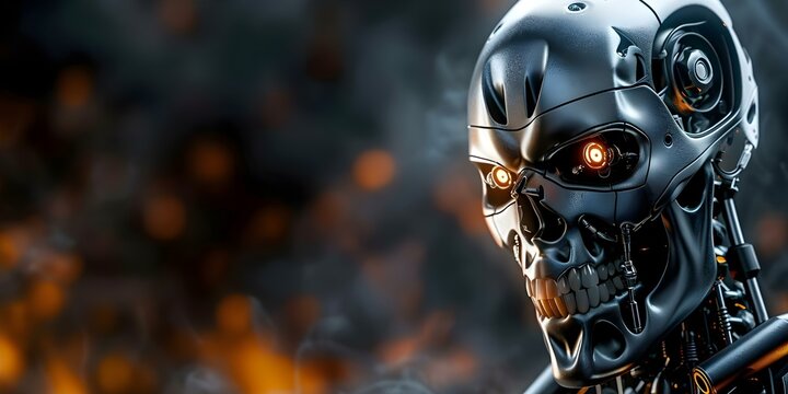 Futuristic cyborg's menacing skull in metal armor captured in extreme close-up. Concept Futuristic Technology, Cyborgs, Metal Armor, Extreme Close-Up, Skull
