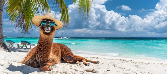 Llama in stylish sunglasses and hat relaxing on beach  vacation vibes with space for text
