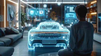 The way the future will work. In a bright, open living room, a person interacts with virtual screens and objects. The screens display 3D model data of automotive components. Generative AI.