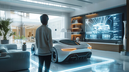 The way the future will work. In a bright, open living room, a person interacts with virtual screens and objects. The screens display 3D model data of automotive components. Generative AI.