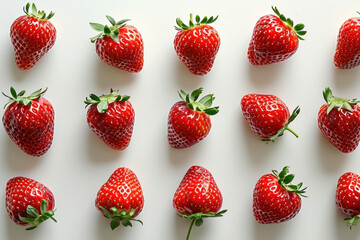 Fresh ripe strawberries lined up in a row on white surface with one side cut off, closeup view