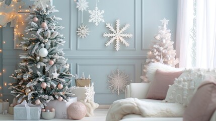 Pastel Snowflake Symphony: a magical winter scene with soft pastel snowflakes, twinkling stars, and a touch of holiday enchantment in a light and airy portrait format. 
