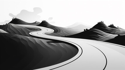 Winding Road Through Monochrome Hills and Mountains