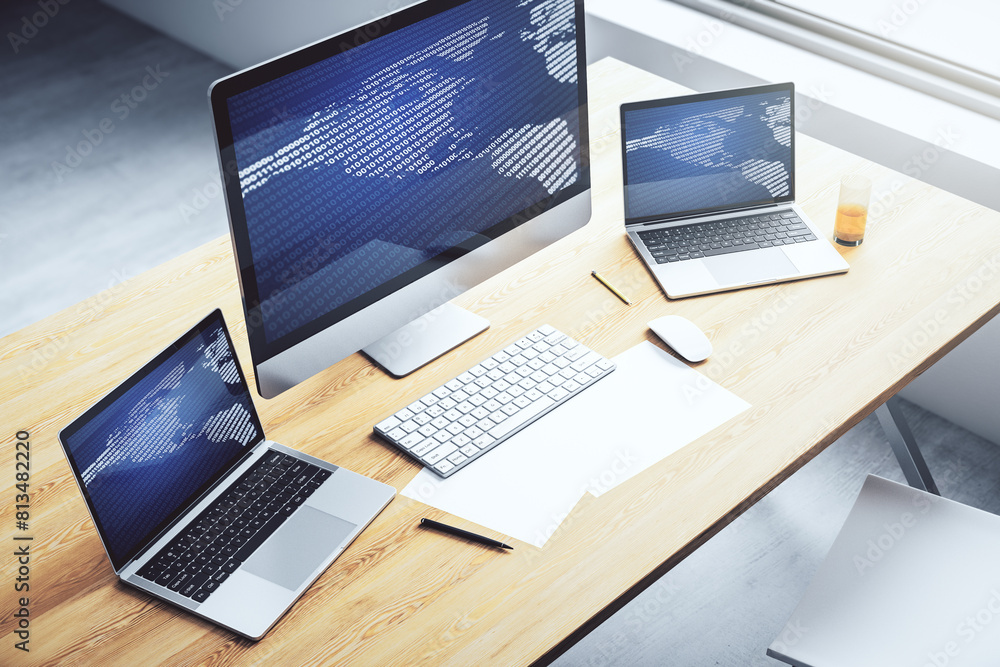 Fototapete america map on modern computer monitor, big data and digital technology concept. 3d rendering