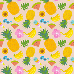夏の素材：夏の果物と花、夏アイコンのかわいいシームレスパターン