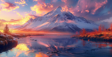 Mountain sunset, mountain peak, snow-capped mountain, bright sea, running stream, multicolor sky. Generative AI.