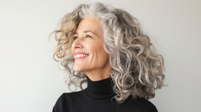 Middle-aged woman with curly silver and gray hair smiles in side view against white background.
 - Powered by Adobe