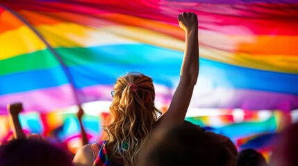 Woman raising fist in protest on lgbt pride day with rainbow flag as a powerful backdrop