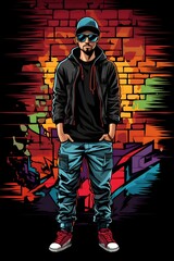 Streetwear Model Posing in Vibrant Psychedelic Urban Background