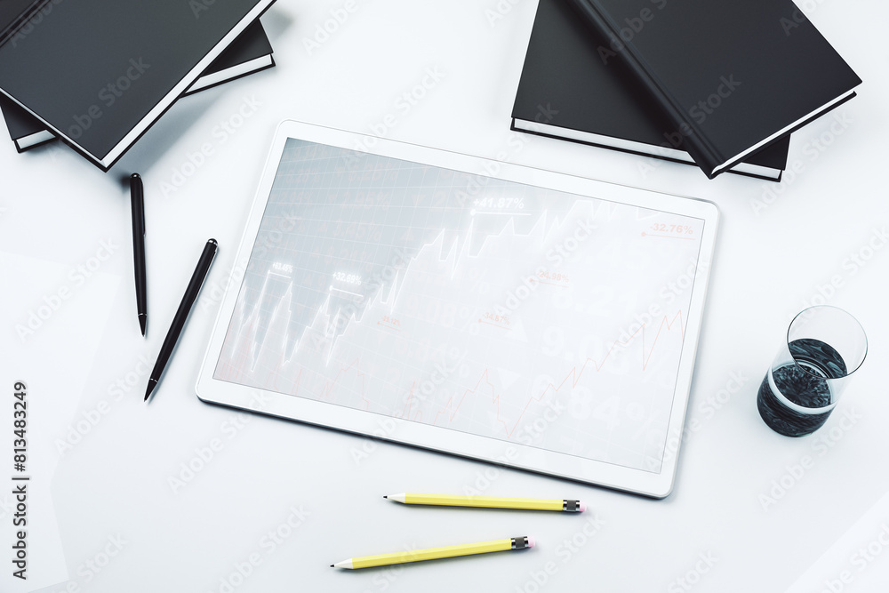 Poster modern digital tablet screen with abstract financial diagram, banking and accounting concept. top vi
