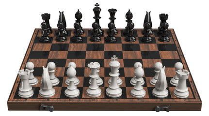 Chess pieces on the board in the starting position. Isolated. Transparent background. 3D Rendering.	