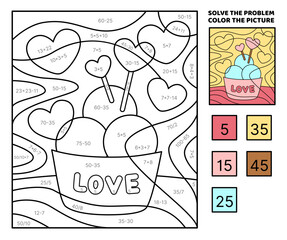 Solve the problem, color the picture. Ice cream scoops in paper cup. Coloring book. Vector