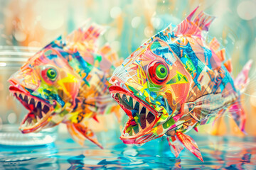 Two vibrant, sharp-toothed fish made entirely of plastic fragments, symbolizing the danger of microplastic pollution in marine ecosystems.  
