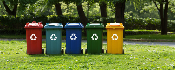 Colorful Recycling Bins Lined Up in a Public Park for Environmental Conservation