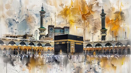Holy Kaaba in Mecca, Saudi Arabia. Style in watercolor painting
