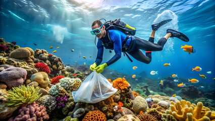 Underwater Cleanup: Diver Protecting Coral Reef Ecosystem. Perfect for: World Oceans Day, Marine Conservation Day, underwater cleanup efforts, marine biodiversity conservation, coral reef preservation