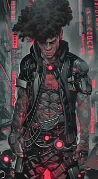 anime. Black and red Cybernetic Underworld setting. gangsters. Wicked. anime illustration style, Takeshi Okazaki art style of a street gang leader named Atlas Mercer handsome black man