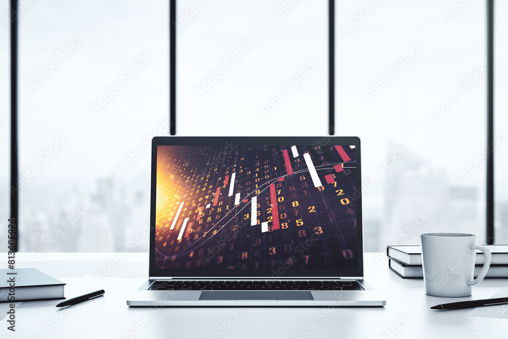 Aufkleber Modern computer screen with abstract financial diagram, banking and accounting concept. 3D Rendering