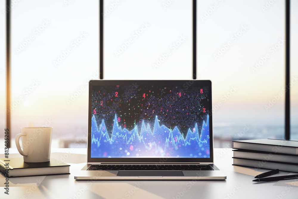 Poster stats data illustration on modern laptop monitor, computing and analytics concept. 3d rendering