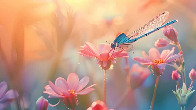 Amazing macro video of a Polish blue dam (Coenagrion puella) resting on a flower in its natural environment. Natural sunrise light in the morning