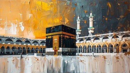 Holy Kaaba in Mecca, Saudi Arabia. A style in oil painting and brush