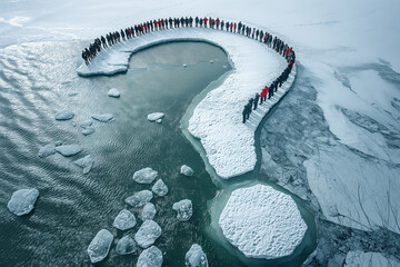 Obraz premium Aerial view of people forming a symbolic question mark on a partially frozen river, reflecting on the impacts of climate change on Arctic environments - AI generated