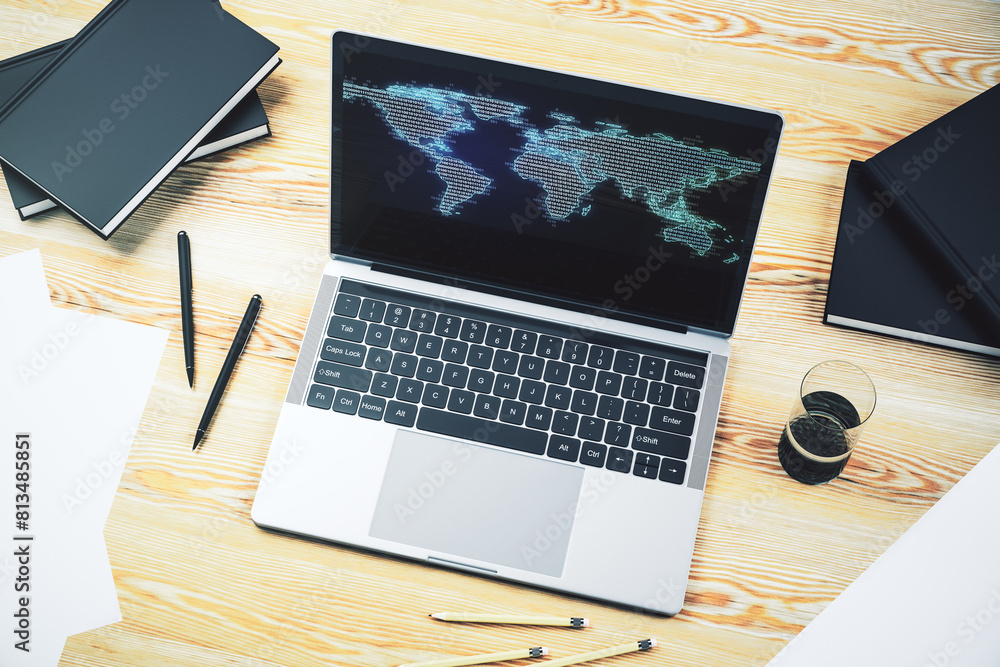 Fototapete abstract digital world map on modern computer monitor, big data and blockchain concept. 3d rendering
