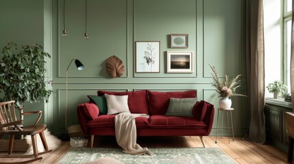Classic Living Room with Red Sofa and Vintage Decor, Warm Tones for Cozy Interior Stock Image, Ideal for Home Design Ads
