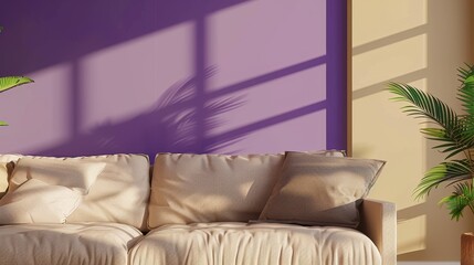 Elegant Beige Sofa in Stylish Purple Living Room, Ideal for Interior Design Portfolios