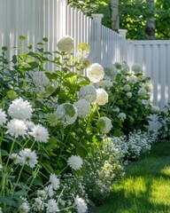 A white garden fence with wooden paneling background