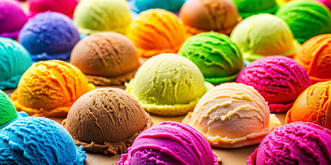 Variety of ice cream scoops up close Array of colorful ice cream flavors from above
