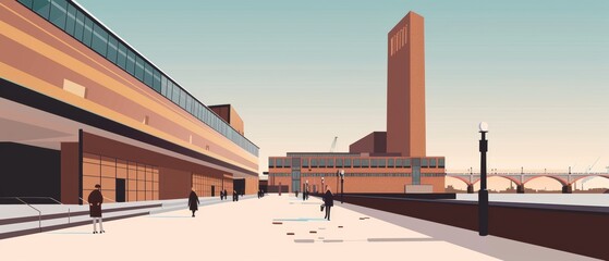 Obraz premium Busy city street at sunset, with people silhouetted against the colorful sky as they walk along sidewalks