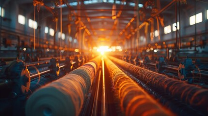 Textile factory with spinning and weaving machines.