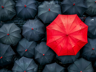 leadership conceptual, one red umbrella step up over many black umbrella - ai