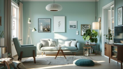 Refreshing Teal Living Room with a Modern Aesthetic, Ideal for Trendy Home Decor Outlets