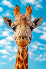 Giraffe with long eyelashes and big brown eyes.